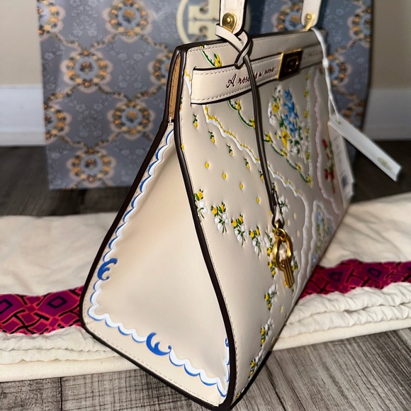 NWT Tory Burch Lee Radziwill Small Tooled Leather Satchel - Picture 5 of 9